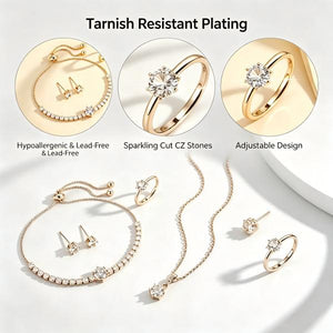 18K Gold Plated Cubic Zirconia 4Pcs Jewelry Set for Women, Dainty Solitaire Pendant Necklace Tennis Bracelet Stud Earrings Adjustable Ring, Tarnish Resistant Hypoallergenic Daily Wear Gift