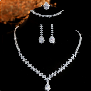 4-Piece Teardrop Cubic Zirconia Bridal Jewelry Set | Silver Tone Wedding Prom Formal Accessories