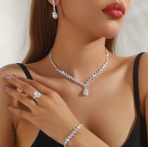 4-Piece Teardrop Cubic Zirconia Bridal Jewelry Set | Silver Tone Wedding Prom Formal Accessories