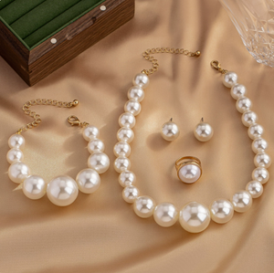 4 Piece Graduated Pearl Jewelry Set | Vintage Bridal Necklace, Bracelet, Earrings & Ring