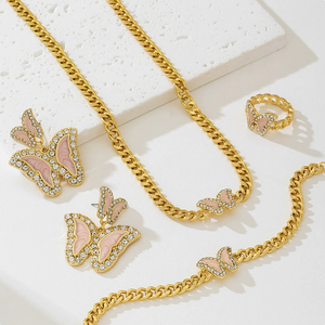 Pink Enamel Butterfly Jewelry Set | 14K Gold Plated Crystal Rhinestone Necklace Earrings Bracelet Ring