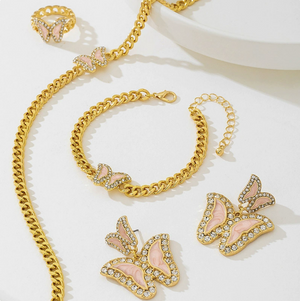 Pink Enamel Butterfly Jewelry Set | 14K Gold Plated Crystal Rhinestone Necklace Earrings Bracelet Ring