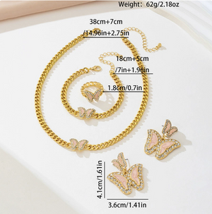 Pink Enamel Butterfly Jewelry Set | 14K Gold Plated Crystal Rhinestone Necklace Earrings Bracelet Ring