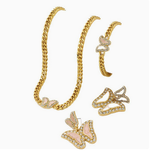 Pink Enamel Butterfly Jewelry Set | 14K Gold Plated Crystal Rhinestone Necklace Earrings Bracelet Ring