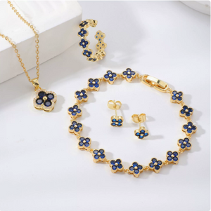 18K Gold Plated Four Leaf Clover Jewelry Set for Women, Sapphire Blue Cubic Zirconia Lucky Clover Necklace Bracelet Earrings Set, Tarnish Resistant Daily Party Jewelry Gift