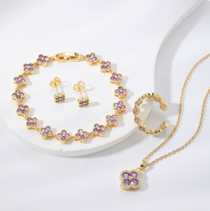 18K Gold Plated Four Leaf Clover Jewelry Set for Women, Sapphire Blue Cubic Zirconia Lucky Clover Necklace Bracelet Earrings Set, Tarnish Resistant Daily Party Jewelry Gift