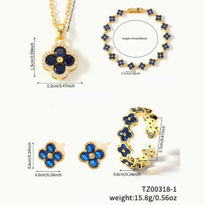 18K Gold Plated Four Leaf Clover Jewelry Set for Women, Sapphire Blue Cubic Zirconia Lucky Clover Necklace Bracelet Earrings Set, Tarnish Resistant Daily Party Jewelry Gift