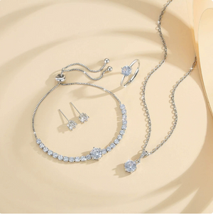 18K Gold Plated Cubic Zirconia 4Pcs Jewelry Set for Women, Dainty Solitaire Pendant Necklace Tennis Bracelet Stud Earrings Adjustable Ring, Tarnish Resistant Hypoallergenic Daily Wear Gift