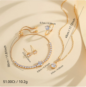 18K Gold Plated Cubic Zirconia 4Pcs Jewelry Set for Women, Dainty Solitaire Pendant Necklace Tennis Bracelet Stud Earrings Adjustable Ring, Tarnish Resistant Hypoallergenic Daily Wear Gift