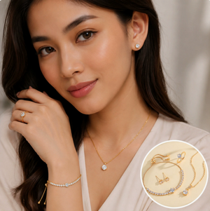 18K Gold Plated Cubic Zirconia 4Pcs Jewelry Set for Women, Dainty Solitaire Pendant Necklace Tennis Bracelet Stud Earrings Adjustable Ring, Tarnish Resistant Hypoallergenic Daily Wear Gift