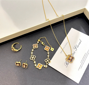 14K Gold Plated Tiger Eye Four Leaf Clover Jewelry Set Rhinestone Inlay Matching Necklace Bracelet Stud Earrings Hoop Ring Luxury Vintage Floral Jewellery Gift Set for Women Wedding Party Daily Wear