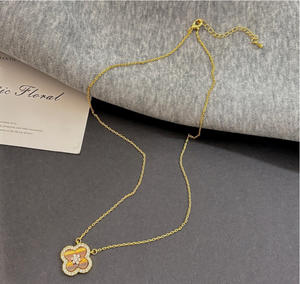 14K Gold Plated Tiger Eye Four Leaf Clover Jewelry Set Rhinestone Inlay Matching Necklace Bracelet Stud Earrings Hoop Ring Luxury Vintage Floral Jewellery Gift Set for Women Wedding Party Daily Wear