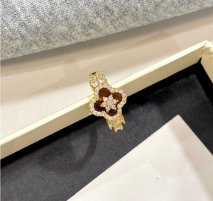 14K Gold Plated Tiger Eye Four Leaf Clover Jewelry Set Rhinestone Inlay Matching Necklace Bracelet Stud Earrings Hoop Ring Luxury Vintage Floral Jewellery Gift Set for Women Wedding Party Daily Wear