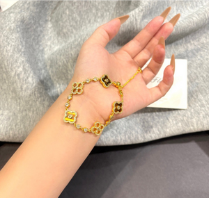 14K Gold Plated Tiger Eye Four Leaf Clover Jewelry Set Rhinestone Inlay Matching Necklace Bracelet Stud Earrings Hoop Ring Luxury Vintage Floral Jewellery Gift Set for Women Wedding Party Daily Wear