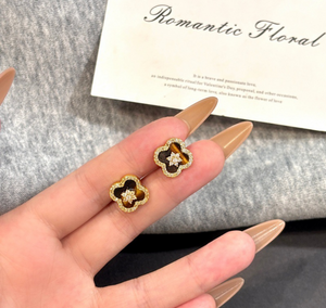 14K Gold Plated Tiger Eye Four Leaf Clover Jewelry Set Rhinestone Inlay Matching Necklace Bracelet Stud Earrings Hoop Ring Luxury Vintage Floral Jewellery Gift Set for Women Wedding Party Daily Wear