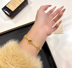 14K Gold Plated Tiger Eye Four Leaf Clover Jewelry Set Rhinestone Inlay Matching Necklace Bracelet Stud Earrings Hoop Ring Luxury Vintage Floral Jewellery Gift Set for Women Wedding Party Daily Wear