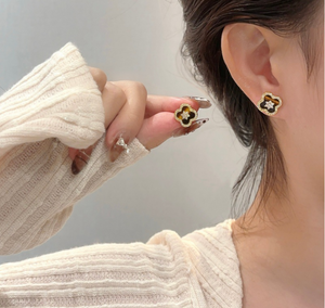 14K Gold Plated Tiger Eye Four Leaf Clover Jewelry Set Rhinestone Inlay Matching Necklace Bracelet Stud Earrings Hoop Ring Luxury Vintage Floral Jewellery Gift Set for Women Wedding Party Daily Wear