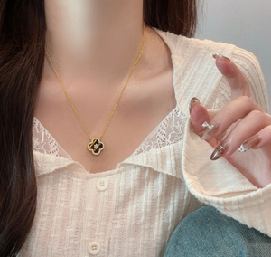 14K Gold Plated Tiger Eye Four Leaf Clover Jewelry Set Rhinestone Inlay Matching Necklace Bracelet Stud Earrings Hoop Ring Luxury Vintage Floral Jewellery Gift Set for Women Wedding Party Daily Wear