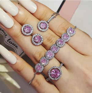 4 Piece Pink Cubic Zirconia Halo Jewelry Set for Women | Silver Tone Pendant Necklace Tennis Bracelet Stud Earrings Promise Ring | Birthday Anniversary Bridesmaid Gift
