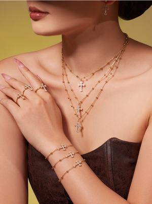 Diamond Cross Jewelry Set, 18K Gold Plated Stainless Steel Cross Necklace Bracelet Earrings Ring Stackable Christian Jewelry Gift for Women
