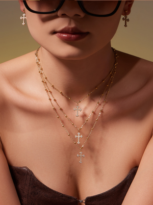Diamond Cross Jewelry Set, 18K Gold Plated Stainless Steel Cross Necklace Bracelet Earrings Ring Stackable Christian Jewelry Gift for Women