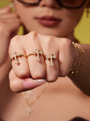 Diamond Cross Jewelry Set, 18K Gold Plated Stainless Steel Cross Necklace Bracelet Earrings Ring Stackable Christian Jewelry Gift for Women