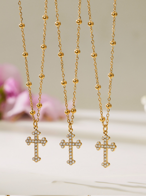 Diamond Cross Jewelry Set, 18K Gold Plated Stainless Steel Cross Necklace Bracelet Earrings Ring Stackable Christian Jewelry Gift for Women