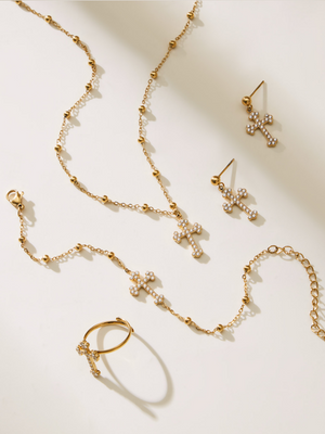 Diamond Cross Jewelry Set, 18K Gold Plated Stainless Steel Cross Necklace Bracelet Earrings Ring Stackable Christian Jewelry Gift for Women
