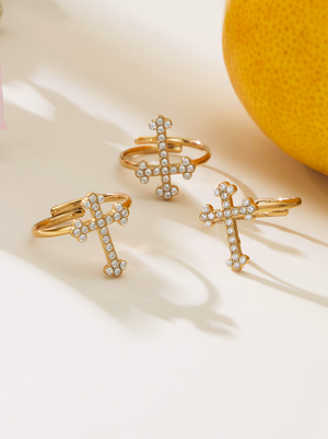 Diamond Cross Jewelry Set, 18K Gold Plated Stainless Steel Cross Necklace Bracelet Earrings Ring Stackable Christian Jewelry Gift for Women