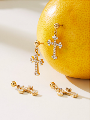 Diamond Cross Jewelry Set, 18K Gold Plated Stainless Steel Cross Necklace Bracelet Earrings Ring Stackable Christian Jewelry Gift for Women