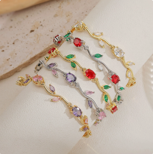 Dainty Pink & Purple Vine Cubic Zirconia Jewelry Set | 18K Gold Plated