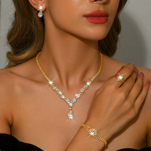 Teardrop Cubic Zirconia Bridal Jewelry Set 5Pcs Wedding Necklace Earrings Ring Bracelet for Bride Prom Party