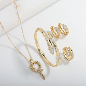 4Pcs Snake Jewelry Set for Women Pave Cubic Zirconia Statement Necklace Bangle Huggie Earrings Ring