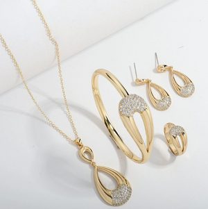 Hollow Water Drop Rhinestone Necklace Earrings Bracelet Ring Jewelry Set For Women