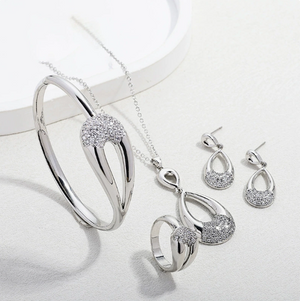 Hollow Water Drop Rhinestone Necklace Earrings Bracelet Ring Jewelry Set For Women