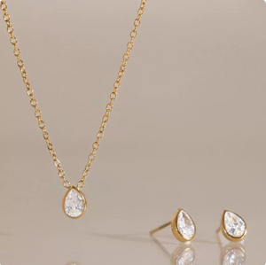 Dainty Teardrop CZ Necklace & Stud Earrings Set 14K Gold Plated Minimal Jewelry For Daily & Wedding