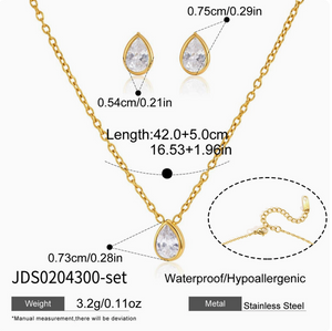 Dainty Teardrop CZ Necklace & Stud Earrings Set 14K Gold Plated Minimal Jewelry For Daily & Wedding