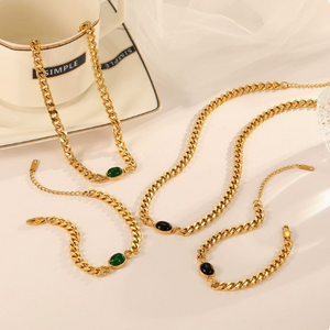 European and American style 14k gold plated necklace and bracelet set, versatile, light luxury polished chain, high-end emerald bracelet