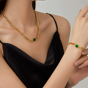 European and American style 14k gold plated necklace and bracelet set, versatile, light luxury polished chain, high-end emerald bracelet