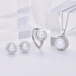 Silver Sunburst Cubic Zirconia Pearl Jewelry Set 3 in 1 Matching Necklace Earrings Ring Elegant Bridal Wedding Pearl Accessory Set For Women Daily Party Gift