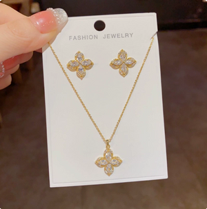 14K Gold Plated Four Leaf Clover CZ Jewelry Set Dainty Sparkling Crystal Pendant Necklace Matching Stud Earrings Luxury Women Wedding Daily Stackable Jewelry Gift For Her