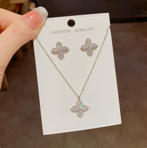 14K Gold Plated Four Leaf Clover CZ Jewelry Set Dainty Sparkling Crystal Pendant Necklace Matching Stud Earrings Luxury Women Wedding Daily Stackable Jewelry Gift For Her