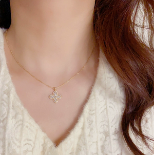 14K Gold Plated Four Leaf Clover CZ Jewelry Set Dainty Sparkling Crystal Pendant Necklace Matching Stud Earrings Luxury Women Wedding Daily Stackable Jewelry Gift For Her