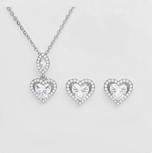 Heart Cubic Zirconia Jewelry Set, Dainty Halo Heart Pendant Necklace & Stud Earrings Matching Jewelry Set for Women