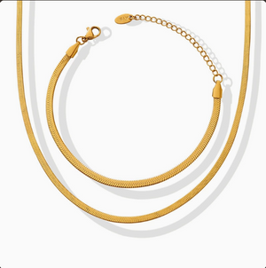 Dainty Flat Herringbone Snake Chain Necklace | Waterproof 18K Gold & Silver Plated Hypoallergenic Layering Choker
