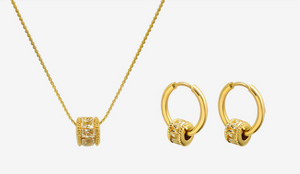 Sparkling Barrel CZ Jewelry Set | 18K Gold Plated Huggie Earrings & Dainty Pendant Necklace, Hypoallergenic Stainless Steel Matching Set for Women