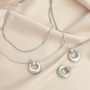 Sculptural Open Circle Matching Jewelry Set | 18K Gold Plated Snake Chain Pendant Necklace & Donut Hoop Earrings, Hypoallergenic Stainless Steel Set for Women