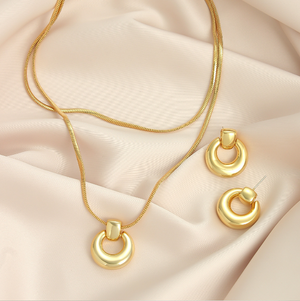 Sculptural Open Circle Matching Jewelry Set | 18K Gold Plated Snake Chain Pendant Necklace & Donut Hoop Earrings, Hypoallergenic Stainless Steel Set for Women