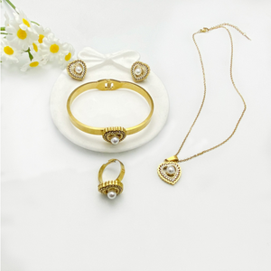 Vintage Heart Pearl 4-Piece Jewelry Set | 18K Gold Plated Necklace, Earrings, Bangle & Adjustable Ring, Hypoallergenic Stainless Steel Matching Set for Women