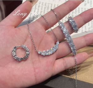 Silver Tone Cubic Zirconia 4-Piece Jewelry Set, Curved Smile Necklace, Tennis Bangle, Stackable Ring & Hoop Earrings, Formal Wedding Prom Evening Accessories for Women